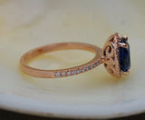 1.5ct Oval Cut Blue Sapphire Princess Halo Engagement Ring 14k Rose Gold Finish