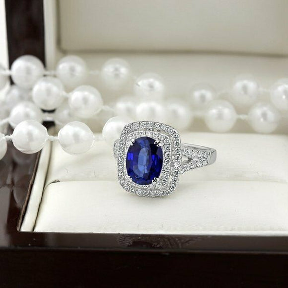 4Ct Oval Cut Blue Sapphire Split Band Double Halo  Ring 14K White Gold Finish