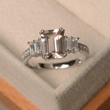 2.2ct Emerald Cut Peach Morganite Engagement Ring 5 Stone 14k White Gold Finish