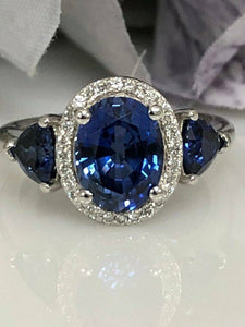 2ct Oval Cut Blue Sapphire 3 Stone Halo Engagement Ring 14k White Gold Finish