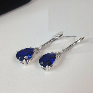 2ct Drop Earrings Pear Cut Blue Sapphire Teardrop Leverback 14k WhiteGold Finish