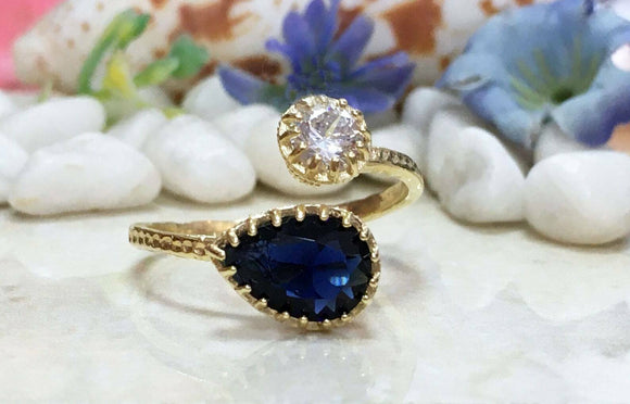 1.4ct Engagement Ring Pear Cut Blue Sapphire Open Cuff 14k Yellow Gold Finish