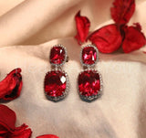 2ct Cushion Simulated Ruby Party Wear Halo Drop Earrings 14k White Gold Plated