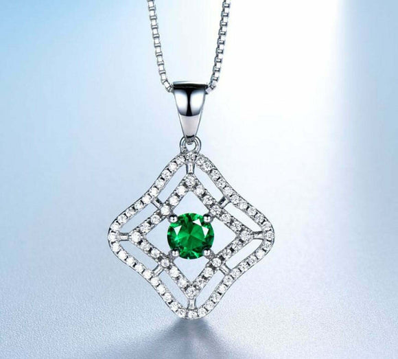 2.5ct Emerald Pendant Round Cut Dual Halo Geometric 14k White Gold Over NO CHAIN