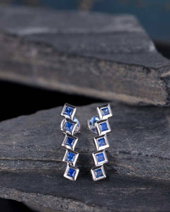 1ct Princess Cut Blue Sapphire Straight Drop Earring Women 14k White Gold Finish