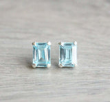 1.2ct Stud Earrings Emerald Cut Aquamarine Solitaire Design 14k WhiteGold Finish