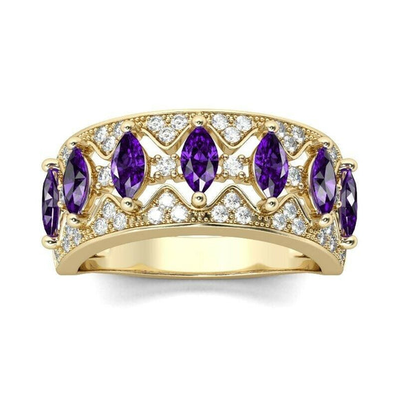 5Ct Marquise Amethyst Diamond Royal Vintage Wedding Band 14K Yellow Gold Finish