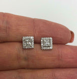 1.5ct Princess Cut VVS1D Diamond Halo Stud Earrings 14k White Gold Finish