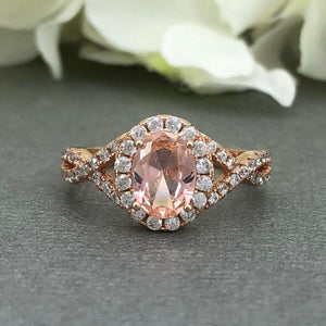 1.9ct Oval Peach Morganite Halo Infinity Engagement Ring 14k Rose Gold Finish