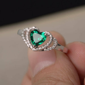 2ct Heart Cut Green Emerald Double Heart Engagement Ring 14k White Gold Finish