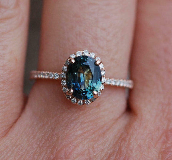 1.6ct Oval Cut London Blue Topaz Diamond Accent Halo Ring 14k Rose Gold Finish