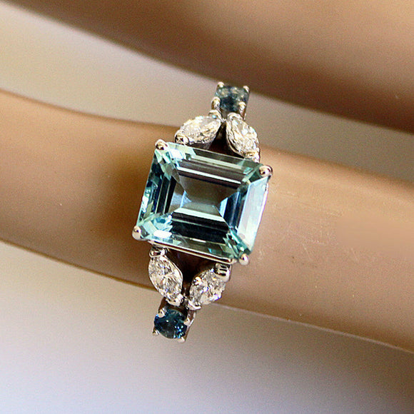 3Ct Emerald Cut Blue Aquamarine Art Deco Engagement Ring 14K White Gold Finish