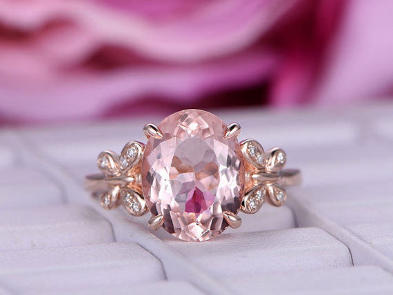 2ct Oval Cut Peach Morganite Engagement Ring Butterfly Design 14k Rose Gold Over