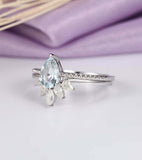 1.5ct Pear Blue Aquamarine Engagement Ring Curved Bridal Set 14k White Gold Over