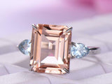 5ct Emerald Cut Peach Morganite Engagement Ring Trilogy 14k White Gold Finish