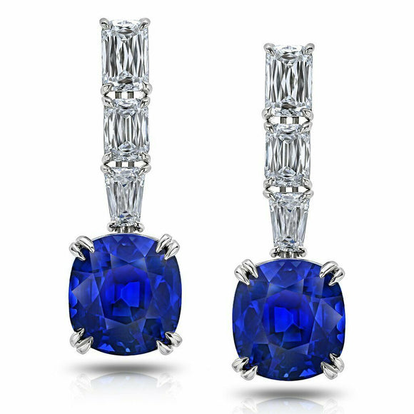 4Ct Cushion Cut Blue Sapphire Diamond Vertical Drop Earrings 14K White Gold Over