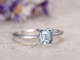 0.5ct Emerald Cut Blue Aquamarine Bezel Set Solitaire Ring 14k White Gold Finish