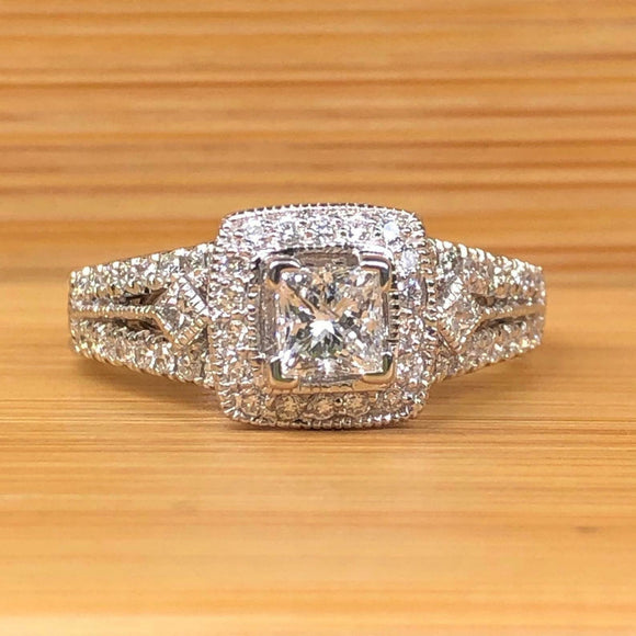 2.5ct Princess Diamond Engagement Ring Milgrain Halo Vintage 14k White Gold Over