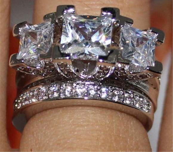 Trilogy Bridal Set Engagement Ring 2ct Princess Cut Diamond 14k WhiteGold Finish