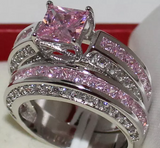 4Ct Princess Cut Pink Sapphire Diamond Bridal Set Ring Band 14K White Gold Over