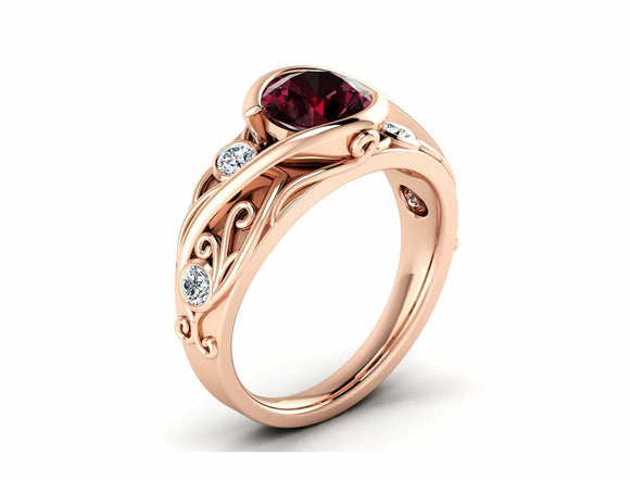 2ct Round Cut Red Garnet Leaf Vine Solitaire Round Accent Ring 14k RoseGold Over