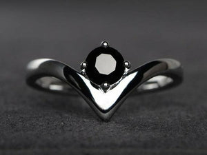 0.7ct Round Black Diamond Engagement Ring 14k White Gold Finish Unique V Curved