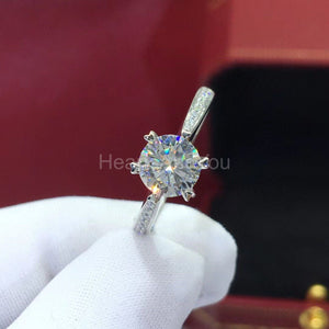 1ct Round Cut Moissanite Heart Prong Solitaire Accents Ring 14k WhiteGold Plated