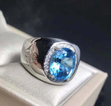 2ct Oval Cut Blue Topaz Signet Halo Men Engagement Ring 14k White Gold Finish