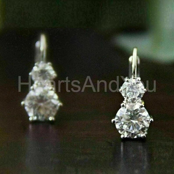 2ct Round Cut Moissanite Two Stone Leverback Drop Earrings 14K White Gold Plated