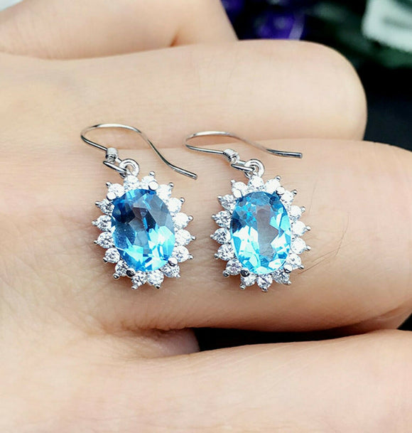 2ct Oval Cut Blue Aquamarine Diamond Halo Party Drop Earrings 14k WhiteGold Over