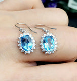 2ct Oval Cut Blue Aquamarine Diamond Halo Party Drop Earrings 14k WhiteGold Over