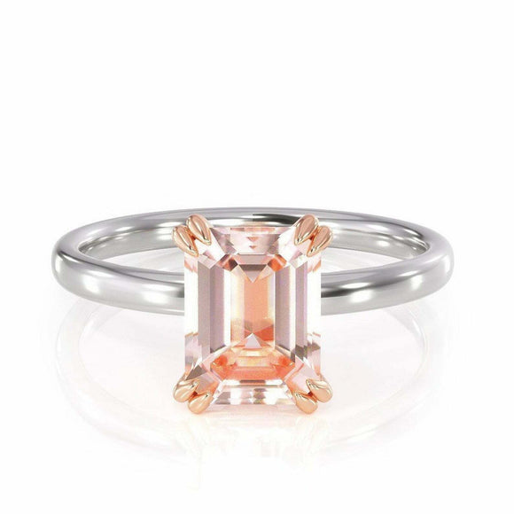 1.5ct Emerald Cut Peach Morganite Engagement Ring Solitaire 14k Dual Gold Finish