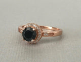 Halo Solitaire Engagement Ring 1.5ct Round Cut Black Diamond 14k RoseGold Finish