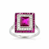 1.8ct Princess Cut Pink Ruby Engagement Ring Double Halo 14k White Gold Finish