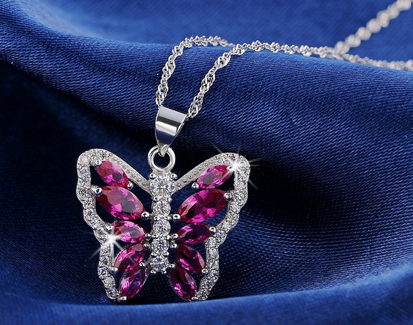 5ct Marquise Cut Pink Ruby Pendant Butterfly Design 14k White Gold Over NO CHAIN