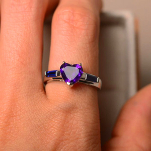 1ct Heart Cut Purple Amethyst Engagement Ring 14k White Gold Finish Three Stone