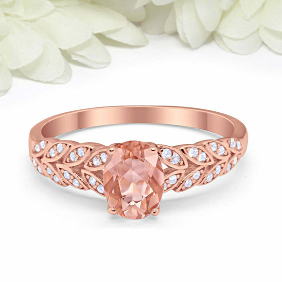 2ct Oval Peach Morganite Engagement Ring Diamond Leaf Accent 14k Rose Gold Over