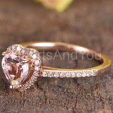 1ct Heart Cut Simulated Peach Morganite Halo Engagement Ring 14k RoseGold Plated