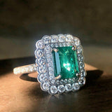 3ct Green Emerald Cut Engagement Ring Double Halo Cocktail 14k White Gold Finish