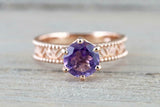 1ct Round Cut Purple Amethyst Engagement Ring 14k RoseGold Over Beaded Solitaire