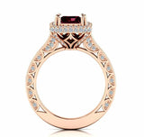 2.5ct Emerald Cut Red Garnet Halo Solitaire with Accent Ring 14k RoseGold Finish