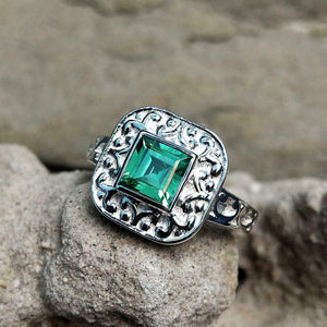 1ct Engagement Ring Asscher Cut Emerald Vintage Inspired 14k White Gold Finish