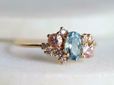 1.8ct Engagement Ring Oval Cut Blue Aquamarine Cluster 14k Yellow Gold Finish