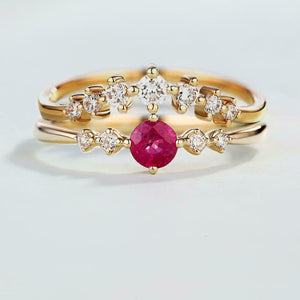 2ct Round Cut Pink Ruby Curved Bridal Set Engagement Ring 14k Yellow Gold Finish