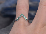 0.27ct Princess Cut Green Emerald V Shaped Petite Curved Ring 14k WhiteGold Over