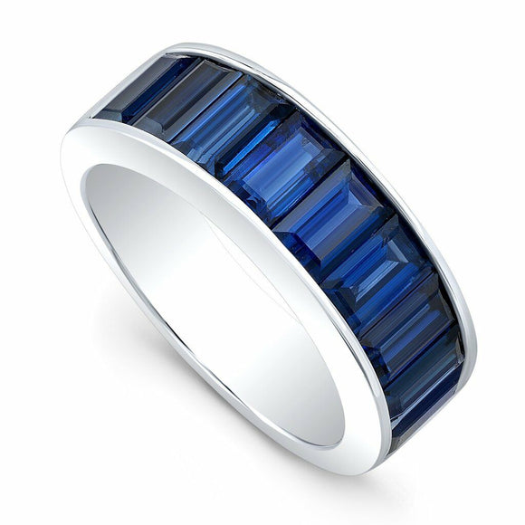 4Ct Emerald Cut Blue Sapphire Half Eternity Wedding Band 18K White Gold Finish