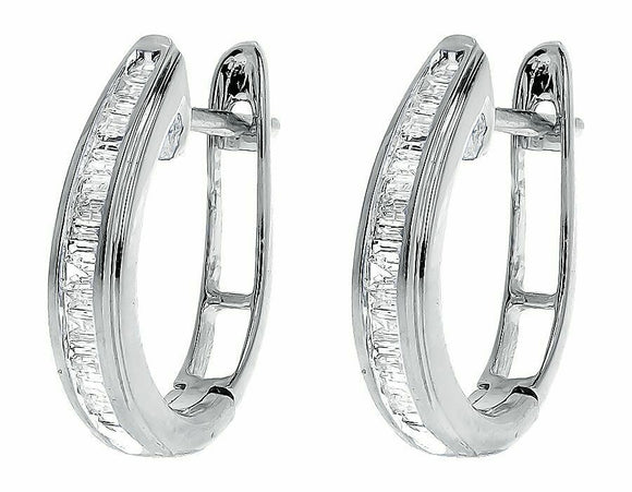 0.25ct Baguette Cut VVS1 Diamond Channel Set Hoop Earrings 14k White Gold Finish