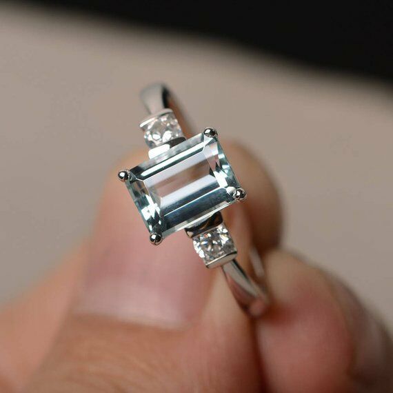 1.2ct Emerald Cut Blue Aquamarine Engagement Ring 14k White Gold Finish Trilogy