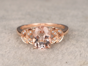 2.5ct Oval Cut Morganite Engagement Ring Floral Leaf Design 14k Rose Gold Finish