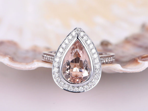 2ct Pear Cut Peach Morganite Halo Solitaire Engagement Ring 18k White Gold Over